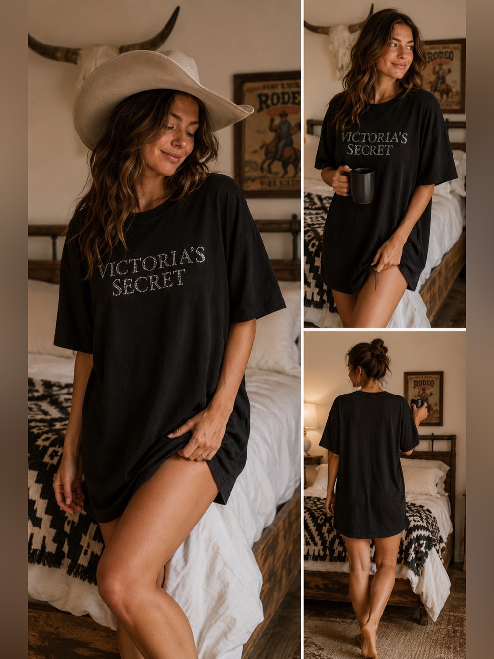 Victoria’s Secret Rhinestone Logo T Shirt Womens XS/S Black Oversized Graphic